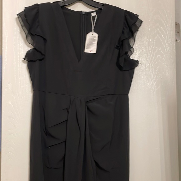 double ruffle sleeveless plunging collar high slit dress BABARONI Black Prom Dress with Off the Shoulder Tiered Skirt and Slit